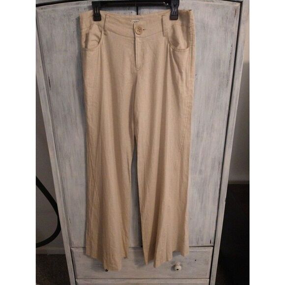Cache beige linen flared bottom pants Sz 10 Boho Beachy Cottage Core - Picture 2 of 11